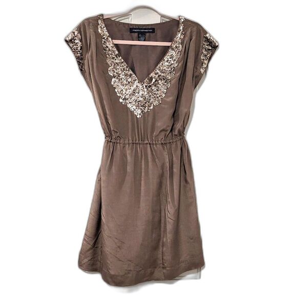 French Connection 100% Silk Bronze Sequined Cocktail Mini Dress, Sz. 6 / 8 - Picture 1 of 8
